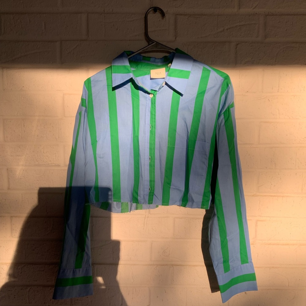 Striped Blue and Green Cropped Button Down Shirt